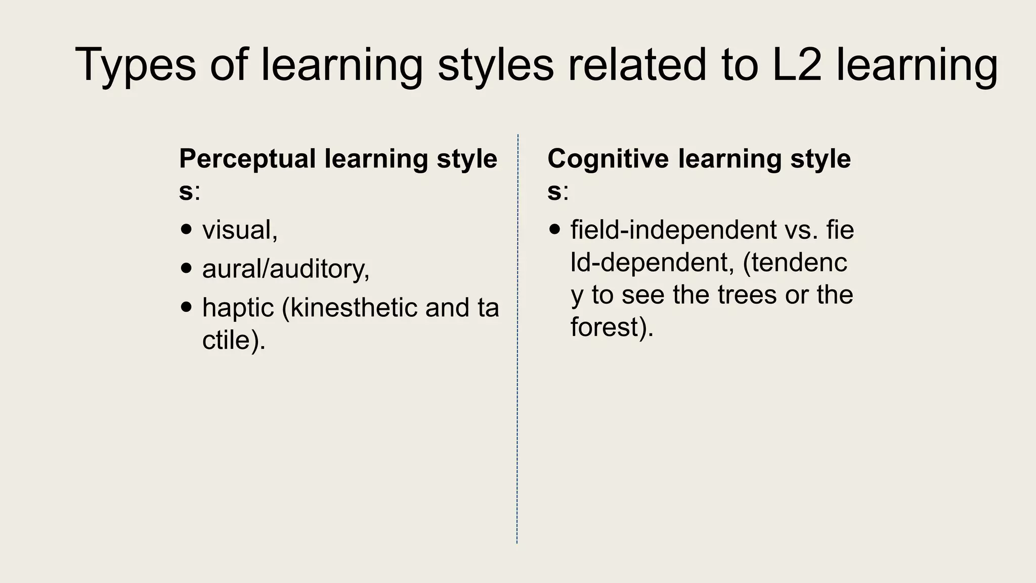 Types of learning styles related to L2 learning
Perceptual learning style
s:
 visual,
 aural/auditory,
 haptic (kinesthetic and ta
ctile).
Cognitive learning style
s:
 field-independent vs. fie
ld-dependent, (tendenc
y to see the trees or the
forest).
 