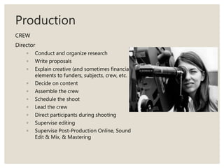 Production
CREW
Director
◦ Conduct and organize research
◦ Write proposals
◦ Explain creative (and sometimes financial)
elements to funders, subjects, crew, etc.
◦ Decide on content
◦ Assemble the crew
◦ Schedule the shoot
◦ Lead the crew
◦ Direct participants during shooting
◦ Supervise editing
◦ Supervise Post-Production Online, Sound
Edit & Mix, & Mastering
 