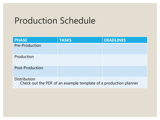 Production Schedule
PHASE TASKS DEADLINES
Pre-Production
Production
Post-Production
Distribution
Check out the PDF of an example template of a production planner
 