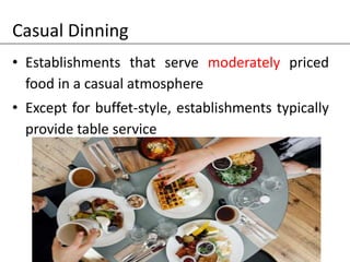 Casual Dinning
• Establishments that serve moderately priced
food in a casual atmosphere
• Except for buffet-style, establishments typically
provide table service
 