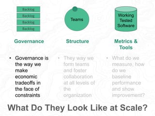 Teams
Backlog
Backlog
Backlog
Backlog
Working
Tested
Software
What Do They Look Like at Scale?
Governance Structure Metric...