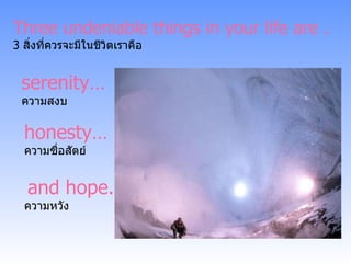 Three undeniable things in your life are . 3   สิ่งที่ควรจะมีในชีวิตเราคือ serenity… ความสงบ honesty… ความซื่อสัตย์ and hope. ความหวัง 