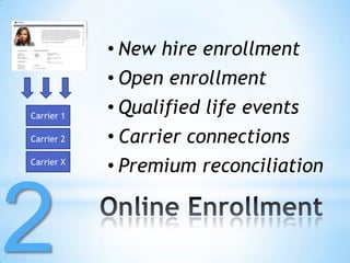 • New hire enrollment
            • Open enrollment
Carrier 1
            • Qualified life events
Carrier 2   • Carrier connections
Carrier X
            • Premium reconciliation



2
 