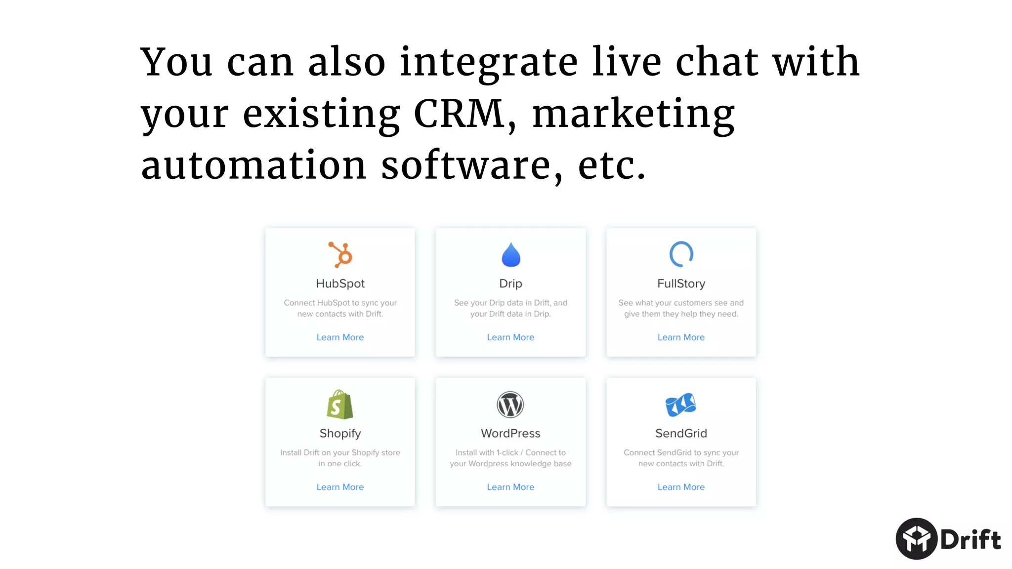You can also integrate live chat with
your existing CRM, marketing
automation software, etc.
 