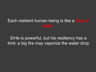 Each resilient human being is like a drop of
water.
S/He is powerful, but his resiliency has a
limit: a big fire may vaporize the water drop

 