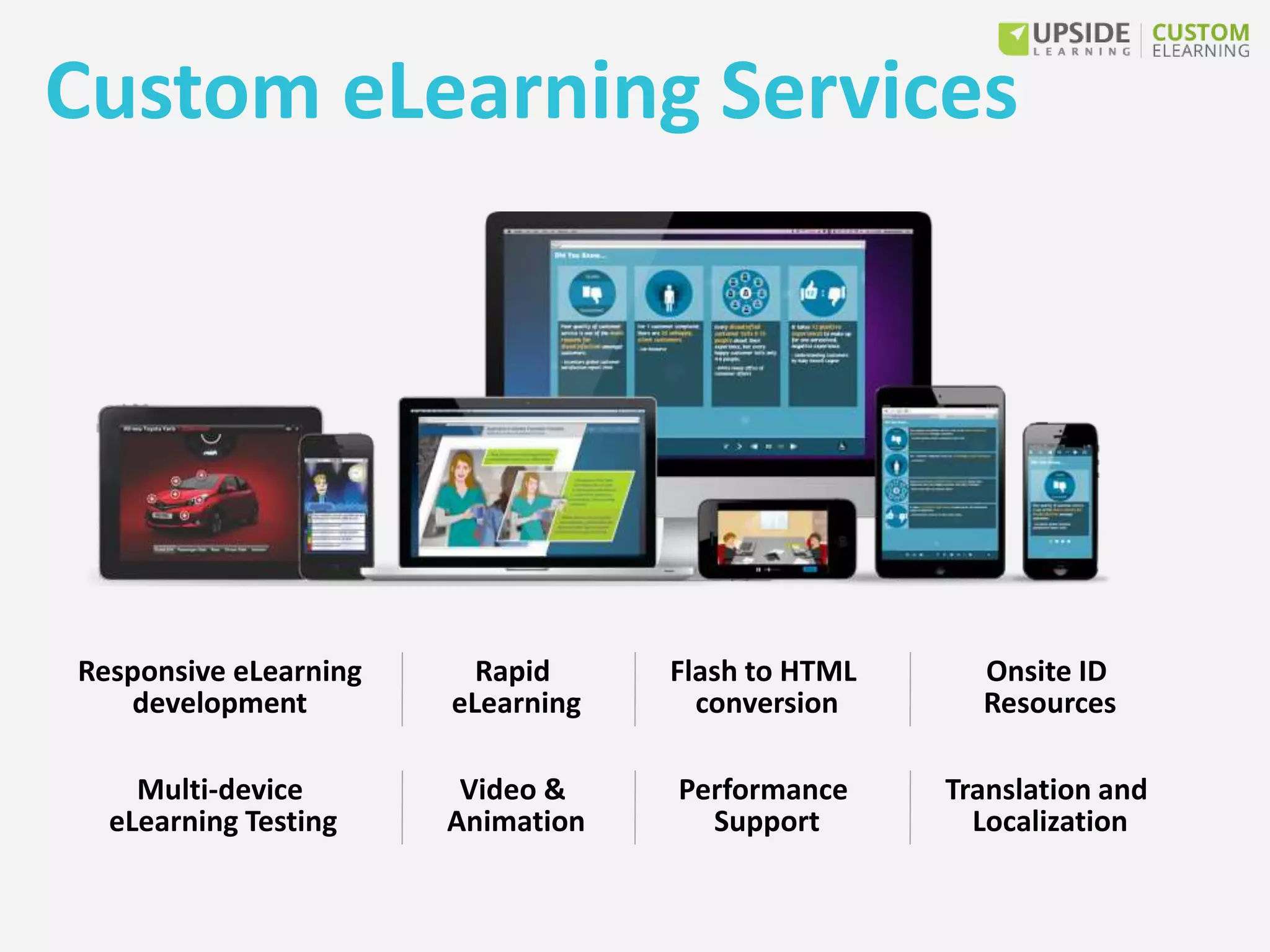 Custom eLearning Services
Onsite ID
Resources
Translation and
Localization
Responsive eLearning
development
Multi-device
eLearning Testing
Performance
Support
Rapid
eLearning
Flash to HTML
conversion
Video &
Animation
 