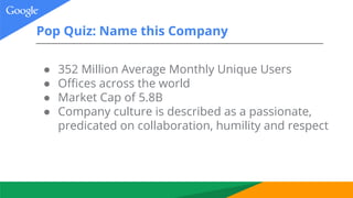 Pop Quiz: Name this Company
● 352 Million Average Monthly Unique Users
● Offices across the world
● Market Cap of 5.8B
● C...