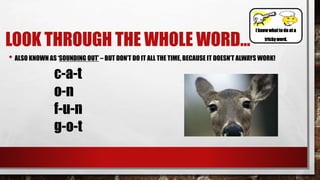 LOOK THROUGH THE WHOLE WORD…
• ALSO KNOWN AS ‘SOUNDING OUT’ – BUT DON’T DO IT ALL THE TIME, BECAUSE IT DOESN’T ALWAYS WORK!
c-a-t
o-n
f-u-n
g-o-t
I know whatto do at a
tricky word.
 