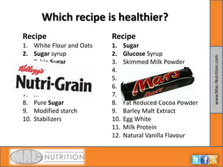 Which recipe is healthier? Recipe White Flour and Oats Sugar syrup Table Sugar Sugar alcohol Vegetable Oil Fruit Puree Mass gainer sugar Pure Sugar Modified starch Stabilizers Recipe Sugar Glucose Syrup Skimmed Milk Powder Butter Vegetable Oil Cocoa/Cocoa Butter Whey Powder Fat Reduced Cocoa Powder Barley Malt Extract Egg White Milk Protein Natural Vanilla Flavour 