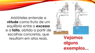 Aristóteles entende a
virtude como fruto de um
equilíbrio entre o excesso
e a falta, obtido a partir de
escolhas concretas, que
resultam em atos reais. Vejamos
alguns
exemplos...
 