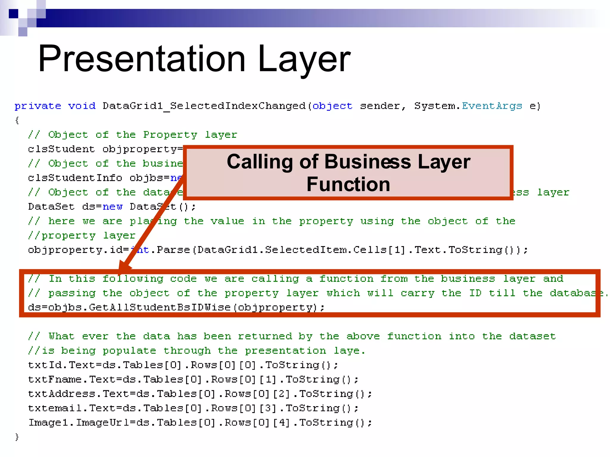 Presentation Layer Calling of Business Layer Function 