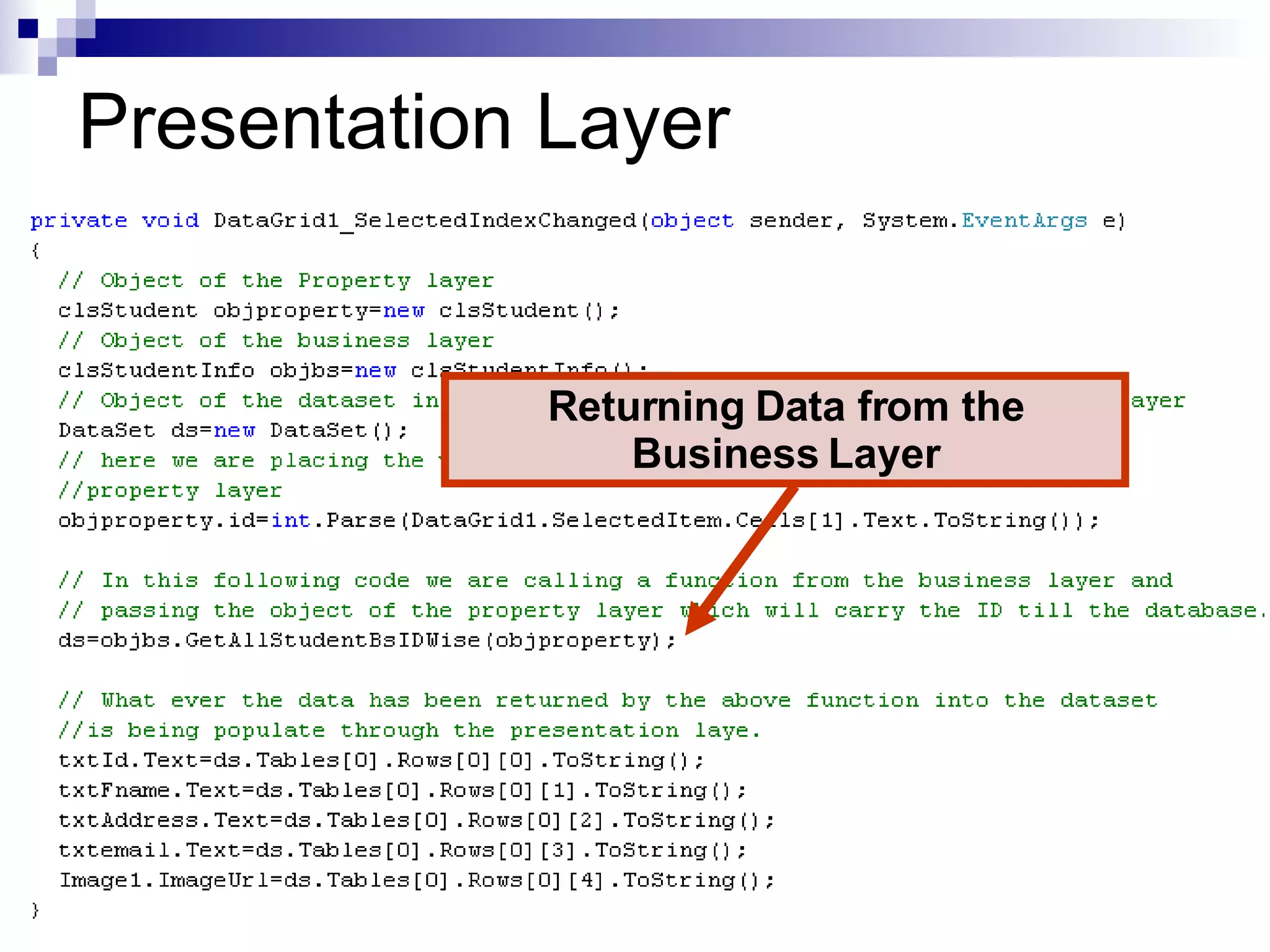 Presentation Layer Returning Data from the Business Layer 
