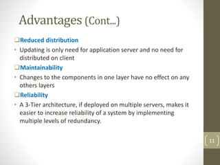Reduced distribution
• Updating is only need for application server and no need for
distributed on client
Maintainability
• Changes to the components in one layer have no effect on any
others layers
Reliability
• A 3-Tier architecture, if deployed on multiple servers, makes it
easier to increase reliability of a system by implementing
multiple levels of redundancy.
Advantages (Cont...)
11
 