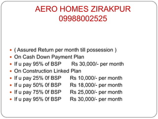 AERO HOMES ZIRAKPUR
                 09988002525


 ( Assured Return per month till possession )
 On Cash Down Payment Plan
 If u pay 95% of BSP      Rs 30,000/- per month
   On Construction Linked Plan
   If u pay 25% 0f BSP   Rs 10,000/- per month
   If u pay 50% 0f BSP   Rs 18,000/- per month
   If u pay 75% 0f BSP   Rs 25,000/- per month
   If u pay 95% 0f BSP   Rs 30,000/- per month
 