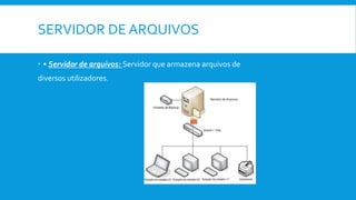 SERVIDOR DE ARQUIVOS
 • Servidor de arquivos: Servidor que armazena arquivos de
diversos utilizadores.
 