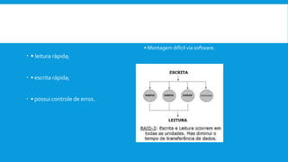  Vantagens:
 • leitura rápida;
 • escrita rápida;
 • possui controle de erros.
Desvantagem:
• Montagem difícil via software.
 