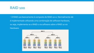 RAID 100
 O RAID 100 basicamente é composto do RAID 10+0. Normalmente ele
é implementado utilizando uma combinação de software hardware,
ou seja, implementa-se o RAID 0 via software sobre o RAID 10 via
Hardware.
 