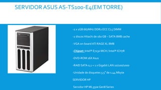SERVIDOR ASUS AS-TS100-E4(EMTORRE)
Características técnicas do servidor:
-Intel CPU Core 2 Duo 2.2G 2M 800Mhz LGA775
-2 x 1GB 667MHz DDR2 ECC CL5 DIMM
-2 discos Hitachi de 160 GB – SATA 8MB cache
-VGA on-board ATI RAGE XL 8MB
-Chipset: Intel® E7230 MCH / Intel® ICH7R
-DVD-ROM 16X Asus
-RAID SATA 0,1 + 1 x Gigabit LAN 10/100/1000
-Unidade de disquetes 3.5′′ de 1.44 Mbyte
SERVIDOR HP
Servidor HP ML350e Gen8 Series
 