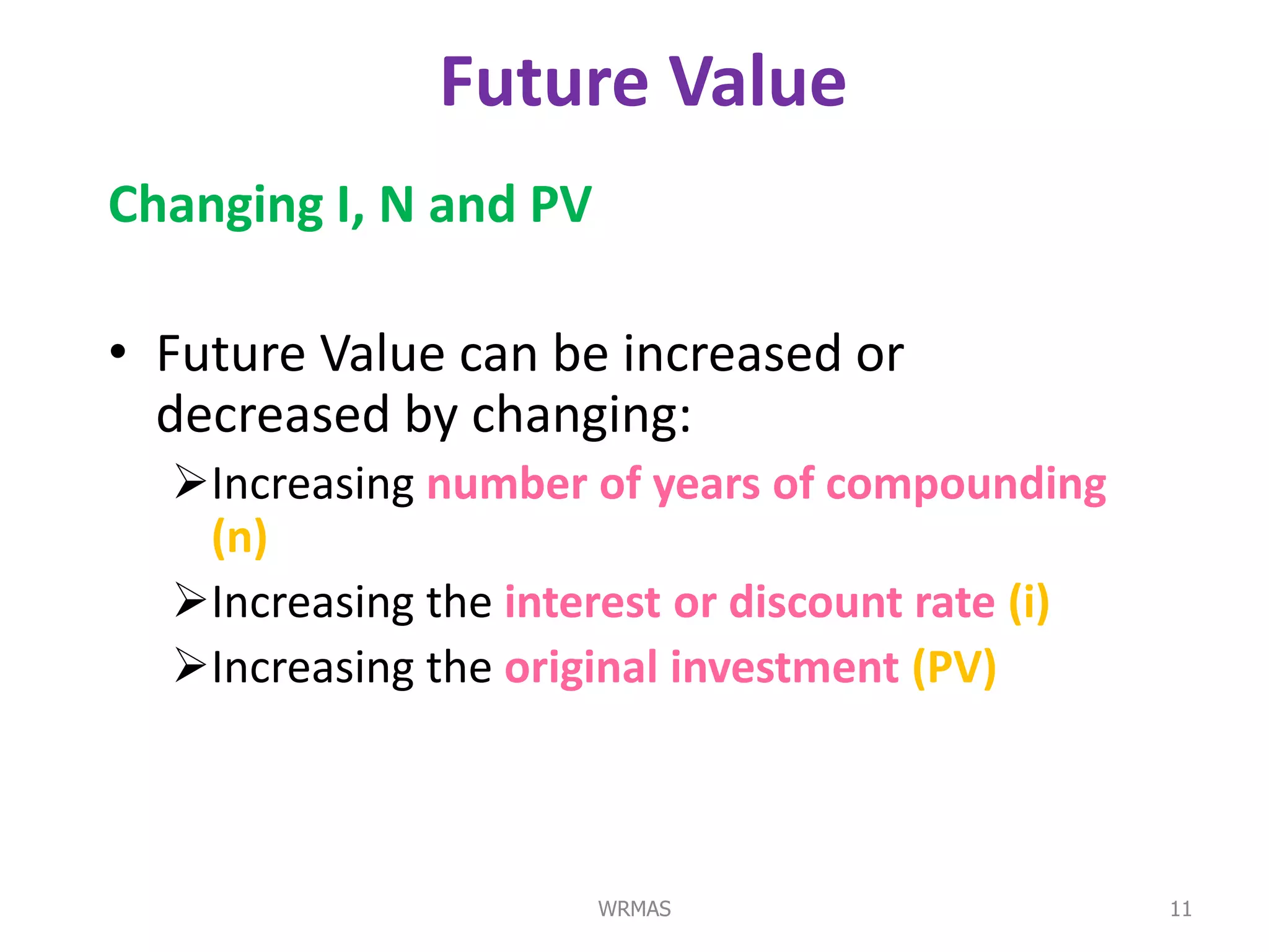 Future Value
Changing I, N and PV

• Future Value can be increased or
  decreased by changing:
  Increasing number of years of compounding
   (n)
  Increasing the interest or discount rate (i)
  Increasing the original investment (PV)



                       WRMAS                      11
 