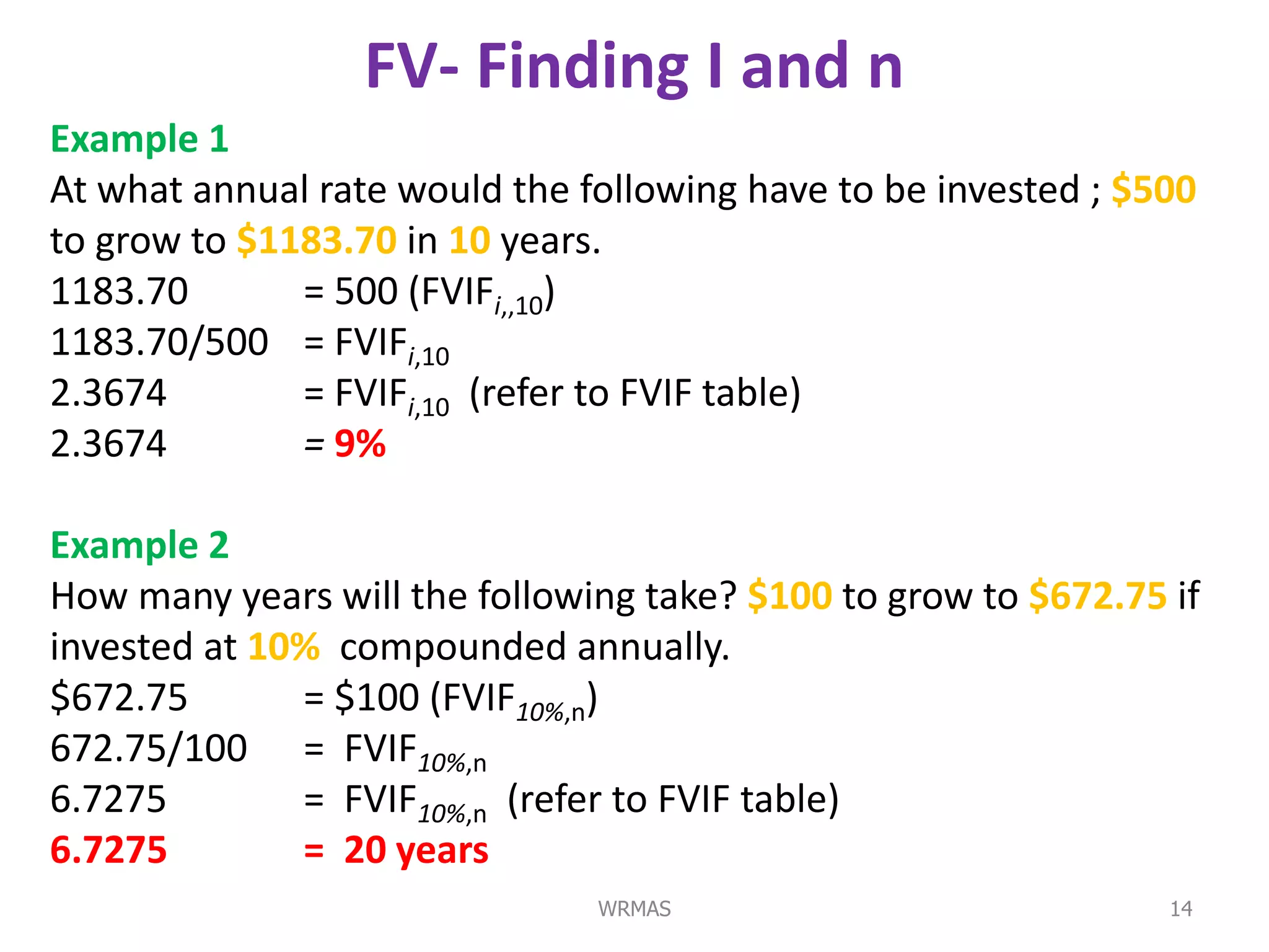 FV- Finding I and n
Example 1
At what annual rate would the following have to be invested ; $500
to grow to $1183.70 in 10 years.
1183.70       = 500 (FVIFi,,10)
1183.70/500 = FVIFi,10
2.3674        = FVIFi,10 (refer to FVIF table)
2.3674        = 9%

Example 2
How many years will the following take? $100 to grow to $672.75 if
invested at 10% compounded annually.
$672.75       = $100 (FVIF10%,n)
672.75/100 = FVIF10%,n
6.7275        = FVIF10%,n (refer to FVIF table)
6.7275        = 20 years
                               WRMAS                            14
 