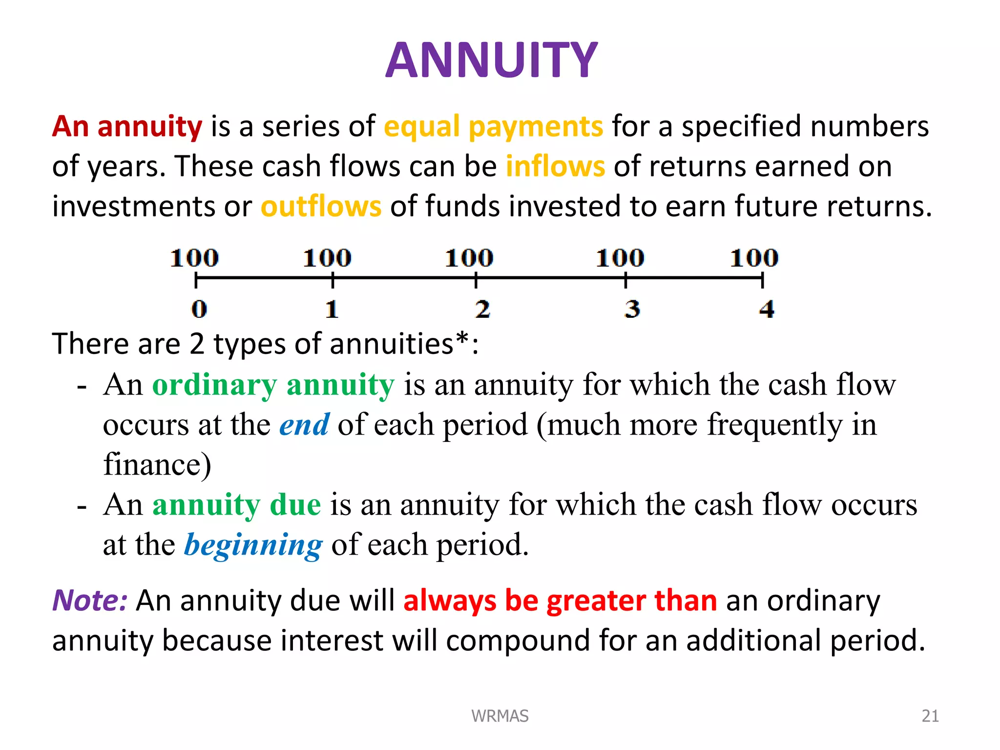 ANNUITY
An annuity is a series of equal payments for a specified numbers
of years. These cash flows can be inflows of returns earned on
investments or outflows of funds invested to earn future returns.



There are 2 types of annuities*:
 - An ordinary annuity is an annuity for which the cash flow
   occurs at the end of each period (much more frequently in
   finance)
 - An annuity due is an annuity for which the cash flow occurs
   at the beginning of each period.
Note: An annuity due will always be greater than an ordinary
annuity because interest will compound for an additional period.

                              WRMAS                              21
 