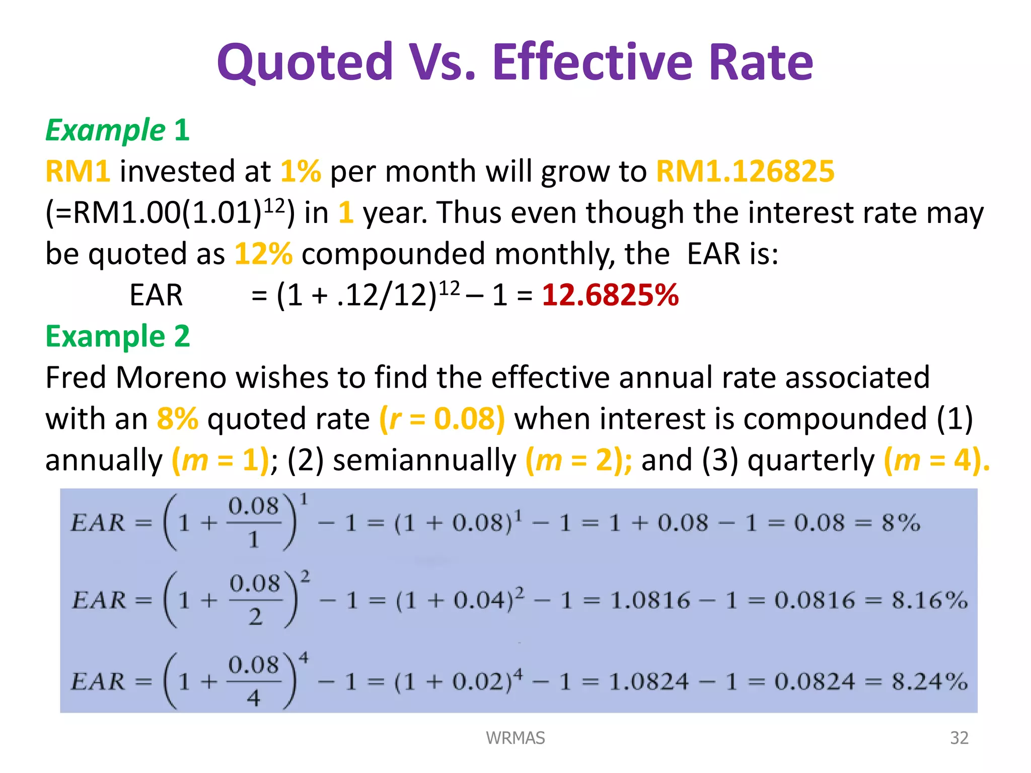 Quoted Vs. Effective Rate
Example 1
RM1 invested at 1% per month will grow to RM1.126825
(=RM1.00(1.01)12) in 1 year. Thus even though the interest rate may
be quoted as 12% compounded monthly, the EAR is:
      EAR      = (1 + .12/12)12 – 1 = 12.6825%
Example 2
Fred Moreno wishes to find the effective annual rate associated
with an 8% quoted rate (r = 0.08) when interest is compounded (1)
annually (m = 1); (2) semiannually (m = 2); and (3) quarterly (m = 4).




                                WRMAS                             32
 