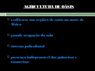 AGRICULTURA DE OÁSIS


verifica-se nas regiões de oásis no norte de
África



grande ocupação do solo



sistema policultural



presença indispensável das palmeiras e
tamareiras

 