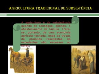 AGRICULTURA TRADICIONAL DE SUBSISTÊNCIA

A agricultura é de subsistência
quando se consegue, apenas, o
abastecimento da família. Tratase, portanto, de uma economia
agrícola fechada, onde as trocas
de
produtos
resultantes
de
excedentes são escassas ou
nulas.

 