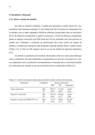 30
2.3 Resultados e Discussão
2.3.1 Ajuste e seleção dos modelos
Em todas as situações estudadas, o modelo que apresentou o melhor ajuste foi o que
considerou cada tratamento separado. O valor obtido pelo AIC foi menor em comparação com
os modelos com os dados agrupados (366,89 de diferença considerando todos os indivíduos;
287,57 de diferença considerando as espécies comerciais; e 412,42 de diferença considerando
apenas as espécies comerciais com DAP maior que 50 cm), indicando estar mais próximo ao
modelo real. Utilizando o coeficiente de determinação (R²) como critério de seleção de
modelos, o modelo que considerou cada tratamento separado também obteve o melhor ajuste
(Tabela 2.1). O valor do AIC negativo deve-se ao uso do modelo de regressão logarítmico
(2.2).
Ao analisar os parâmetros dos modelos selecionados, observa-se uma maior diferença
entre os parâmetros das duas explorações correspondentes as taxas de crescimento (β2 e β3),
em comparação como os parâmetros correspondentes ao intercepto (β0) e a área basal residual
(β1). Indicando uma variação na taxa de crescimento entre as explorações (Tabela 2.2).
Tabela 2.1 – Critérios de seleção de modelos para cada modelo ajustado conforme a base de dados
 