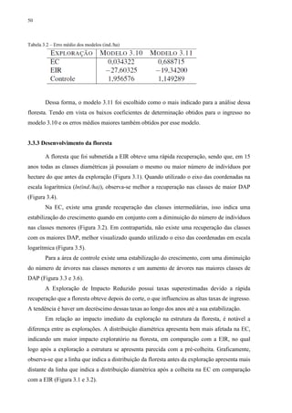 50
Tabela 3.2 – Erro médio dos modelos (ind./ha)
Dessa forma, o modelo 3.11 foi escolhido como o mais indicado para a análise dessa
floresta. Tendo em vista os baixos coeficientes de determinação obtidos para o ingresso no
modelo 3.10 e os erros médios maiores também obtidos por esse modelo.
3.3.3 Desenvolvimento da floresta
A floresta que foi submetida a EIR obteve uma rápida recuperação, sendo que, em 15
anos todas as classes diamétricas já possuíam o mesmo ou maior número de indivíduos por
hectare do que antes da exploração (Figura 3.1). Quando utilizado o eixo das coordenadas na
escala logarítmica (ln(ind./ha)), observa-se melhor a recuperação nas classes de maior DAP
(Figura 3.4).
Na EC, existe uma grande recuperação das classes intermediárias, isso indica uma
estabilização do crescimento quando em conjunto com a diminuição do número de indivíduos
nas classes menores (Figura 3.2). Em contrapartida, não existe uma recuperação das classes
com os maiores DAP, melhor visualizado quando utilizado o eixo das coordenadas em escala
logarítmica (Figura 3.5).
Para a área de controle existe uma estabilização do crescimento, com uma diminuição
do número de árvores nas classes menores e um aumento de árvores nas maiores classes de
DAP (Figura 3.3 e 3.6).
A Exploração de Impacto Reduzido possui taxas superestimadas devido a rápida
recuperação que a floresta obteve depois do corte, o que influenciou as altas taxas de ingresso.
A tendência é haver um decréscimo dessas taxas ao longo dos anos até a sua estabilização.
Em relação ao impacto imediato da exploração na estrutura da floresta, é notável a
diferença entre as explorações. A distribuição diamétrica apresenta bem mais afetada na EC,
indicando um maior impacto exploratório na floresta, em comparação com a EIR, no qual
logo após a exploração a estrutura se apresenta parecida com a pré-colheita. Graficamente,
observa-se que a linha que indica a distribuição da floresta antes da exploração apresenta mais
distante da linha que indica a distribuição diamétrica após a colheita na EC em comparação
com a EIR (Figura 3.1 e 3.2).
 