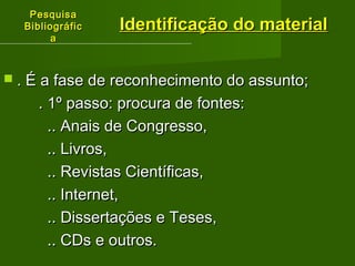PPeessqquuiissaa 
BBiibblliiooggrrááffiicc 
aa 
IIddeennttiiffiiccaaççããoo ddoo mmaatteerriiaall 
 .. ÉÉ aa ffaassee ddee rreeccoonnhheecciimmeennttoo ddoo aassssuunnttoo;; 
.. 11º ppaassssoo:: pprrooccuurraa ddee ffoonntteess:: 
.... AAnnaaiiss ddee CCoonnggrreessssoo,, 
.... LLiivvrrooss,, 
.... RReevviissttaass CCiieennttííffiiccaass,, 
.... IInntteerrnneett,, 
.... DDiisssseerrttaaççõõeess ee TTeesseess,, 
.... CCDDss ee oouuttrrooss.. 
 