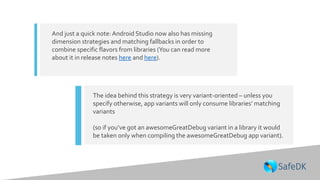 And just a quick note: Android Studio now also has missing
dimension strategies and matching fallbacks in order to
combine specific flavors from libraries (You can read more
about it in release notes here and here).
The idea behind this strategy is very variant-oriented – unless you
specify otherwise, app variants will only consume libraries’ matching
variants
(so if you’ve got an awesomeGreatDebug variant in a library it would
be taken only when compiling the awesomeGreatDebug app variant).
 