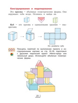 23
Пользуясь памяткой по выполнению проекта и ин-
струкционными картами на стр. 24–26, подготовьте
с друзьями творческий проект «Мини-город» или
«Школьный двор». Используйте объёмные геометри-
ческие формы.
Конструирование и моделирование
Это призмы – объёмные геометрические формы. Они
окружают тебя везде. Оглянись и найди их.
Куб – это призма с одинаковыми гранями – ква-
дратами.
Это развёртка куба
 