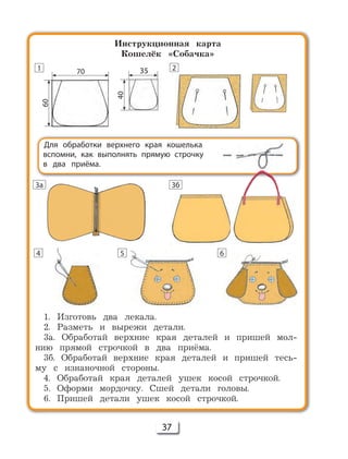 37
Инструкционная карта
Кошелёк «Собачка»
60
70
40
35
1. Изготовь два лекала.
2. Разметь и вырежи детали.
3а. Обработай верхние края деталей и пришей мол-
нию прямой строчкой в два приёма.
3б. Обработай верхние края деталей и пришей тесь-
му с изнаночной стороны.
4. Обработай края деталей ушек косой cтрочкой.
5. Оформи мордочку. Сшей детали головы.
6. Пришей детали ушек косой строчкой.
Для обработки верхнего края кошелька
вспомни, как выполнять прямую строчку
в два приёма.
1 2
4 5 6
3а 3б
 
