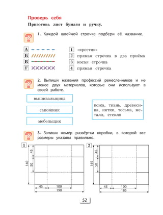 52
Проверь себя
Приготовь лист бумаги и ручку.
1. Каждой швейной строчке подбери её название.
1 «крестик»
2 прямая строчка в два приёма
3 косая строчка
4 прямая строчка
2. Выпиши названия профессий ремесленников и не
менее двух материалов, которые они используют в
своей работе.
3. Запиши номер развёртки коробки, в которой все
размеры указаны правильно.
вышивальщица
сапожник
мебельщик
кожа, ткань, древеси-
на, нитки, тесьма, ме-
талл, стекло
140
190
10045
4550
145
185
10045
4550
1 2
А
Б
В
Г
 