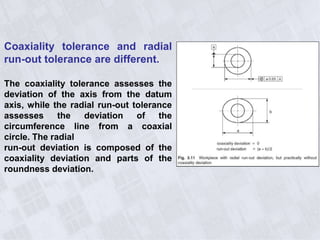 Coaxiality tolerance and radial
run-out tolerance are different.
The coaxiality tolerance assesses the
deviation of the axis from the datum
axis, while the radial run-out tolerance
assesses the deviation of the
circumference line from a coaxial
circle. The radial
run-out deviation is composed of the
coaxiality deviation and parts of the
roundness deviation.
 