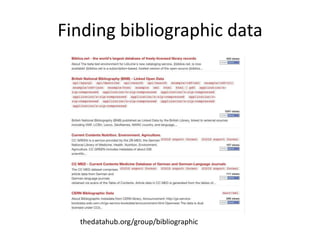 Finding bibliographic data




  thedatahub.org/group/bibliographic
 