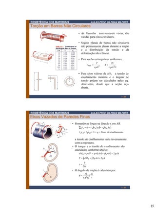 RESISTÊNCIA DOS MATERIAIS

AULAS PROF. GILFRAN MILFONT

Torção em Barras Não Circulares
• As fórmulas anteriormente vistas, são
válidas para eixos circulares.
• Seções planas de barras não circulares
não permanecem planas durante a torção
e a distribuição da tensão e da
deformação não é linear.
• Para seções retangulares uniformes,
 max 

T
c1ab2

f

TL
c2ab3G

• Para altos valores de a/b, a tensão de
cisalhamento máxima e o ângulo de
torção podem ser calculados pelas eq.
Anteriores, desde que a seção seja
aberta.
1 - 29

RESISTÊNCIA DOS MATERIAIS

AULAS PROF. GILFRAN MILFONT

Eixos Vazados de Paredes Finas
• Somando as forças na direção x em AB,
 Fx  0   A t ADx   B t B Dx 
 At A  Bt B   t  q  fluxo de cisalhamento

a tensão de cisalhamento varia inversamente
com a espessura.
• O torque e a tensão de cisalhamento são
calculados conforme abaixo:
dM 0  p dF  p t ds   q pds  2q dA

T   dM 0   2q dA  2qA



T
2tA

• O ângulo de torção é calculado por:
f

TL
4 A2G

ds

 t

1 - 30

15

 