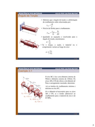 RESISTÊNCIA DOS MATERIAIS

AULAS PROF. GILFRAN MILFONT

Ângulo de Torção
• Sabemos que o ângulo de torção e a deformação
de cisalhamento estão relacionadas por:
cf
g máx 
L
• Pela lei de Hooke para o cisalhamento:

g máx 

 máx
G



Tc
JG

• Igualando as equações e resolvendo para o
ângulo de torção, encontramos:
f

TL
JG

• Se o torque, a seção, o material ou o
comprimento variam ao longo do eixo:
f 
i

Ti Li
J i Gi

1-9

RESISTÊNCIA DOS MATERIAIS

AULAS PROF. GILFRAN MILFONT

Exemplo 3.1
O eixo BC é ôco com diâmetro interno de
90mm e diâmetro externo de 120mm. Os
eixos AB e CD são cheios e de diâmetro d.
Para o carregamento mostrado, determine:

(a) as tensões de cisalhamento minima e
máxima no eixo BC,
(b) o diâmetro d necessário para os eixos
AB e CD, se a tensão admissível ao
cisalhamento para o material do eixo é de
65 MPa.

1 - 10

5

 