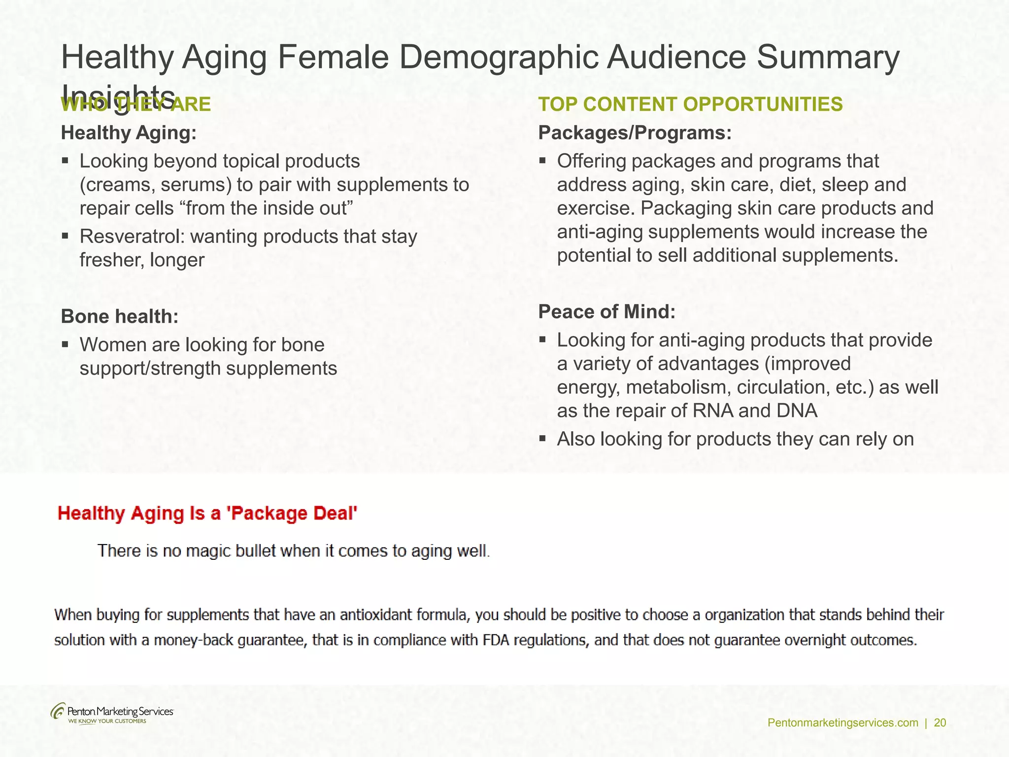 Pentonmarketingservices.com | 20
Healthy Aging Female Demographic Audience Summary
InsightsWHO THEY ARE
Healthy Aging:
 Looking beyond topical products
(creams, serums) to pair with supplements to
repair cells “from the inside out”
 Resveratrol: wanting products that stay
fresher, longer
Bone health:
 Women are looking for bone
support/strength supplements
TOP CONTENT OPPORTUNITIES
Packages/Programs:
 Offering packages and programs that
address aging, skin care, diet, sleep and
exercise. Packaging skin care products and
anti-aging supplements would increase the
potential to sell additional supplements.
Peace of Mind:
 Looking for anti-aging products that provide
a variety of advantages (improved
energy, metabolism, circulation, etc.) as well
as the repair of RNA and DNA
 Also looking for products they can rely on
 