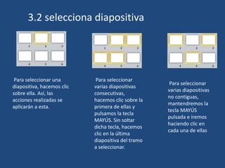 3.2 selecciona diapositiva
Para seleccionar una
diapositiva, hacemos clic
sobre ella. Así, las
acciones realizadas se
aplicarán a esta.
Para seleccionar
varias diapositivas
consecutivas,
hacemos clic sobre la
primera de ellas y
pulsamos la tecla
MAYÚS. Sin soltar
dicha tecla, hacemos
clic en la última
diapositiva del tramo
a seleccionar.
Para seleccionar
varias diapositivas
no contiguas,
mantendremos la
tecla MAYÚS
pulsada e iremos
haciendo clic en
cada una de ellas
 