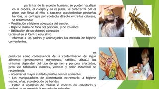 • Piojos: parásitos de la especie humana, se pueden localizar
en la cabeza, el cuerpo y en el pubis, se caracteriza por el
picor que lleva al niño a rascarse ocasionándose pequeñas
heridas, se contagia por contacto directo entre las cabezas,
se recomienda:
− Ventilación e higiene adecuada del centro.
− Higiene diaria de todo del personal, y de los niños.
− Utilización de un champú adecuado
La Salud en el Centro educativo
− informar a los padres y aconsejarles las medidas de higiene
convenientes.

• Infecciones alimentarias en centros con comedor: se
producen como consecuencia de la contaminación de algún
alimento (generalmente mayonesas, natillas, salsas..) los
síntomas dependen del tipo de germen y personas afectadas,
pero son habituales diarreas, vómitos y dolor abdominal se
recomienda:
− observar el mayor cuidado posible con los alimentos.
− Los manipuladores de alimentados extremarán la higiene
manos, uñas, y protección de heridas
− Evitar la aparición de moscas e insectos en comedores y

 