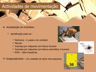 Actualização do inventário Identificação pode ser: Nenhuma – é usada a do vendedor Manual Impressa por máquinas com leitura humana Impressa por máquinas com leitura automática e humana RFID – rádio frequência Empacotamento –  em unidades de stock mais pequenas Actividades de movimentação 