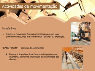 Actividades de movimentação Transferência Envolve o movimento físico da mercadoria para um lugar predeterminado, seja armazenamento,  “picking”  ou expedição. “ Order Picking”   -  selecção de encomendas Envolve a selecção e levantamento dos produtos em inventário, por forma a satisfazer as encomendas dos clientes. 