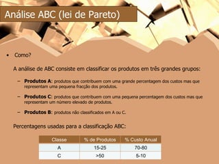 Produtos A :  produtos que contribuem com uma grande percentagem dos custos mas que representam uma pequena fracção dos produtos. Produtos C :  produtos que contribuem com uma pequena percentagem dos custos mas que representam um número elevado de produtos. Produtos B :  produtos não classificados em A ou C. Análise ABC (lei de Pareto) A análise de ABC consiste em classificar os produtos em três grandes grupos: Percentagens usadas para a classificação ABC: Como? Classe % de Produtos % Custo Anual A 15-25 70-80 C >50 5-10 