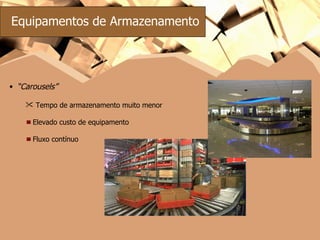 Equipamentos de Armazenamento  “ Carousels” Tempo de armazenamento muito menor Elevado custo de equipamento Fluxo contínuo 