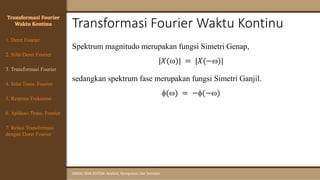 Transformasi Fourier Waktu Kontinu
SINYAL DAN SISTEM: Analisis, Komputasi, dan Simulasi
Transformasi Fourier
Waktu Kontinu
Spektrum magnitudo merupakan fungsi Simetri Genap,
|𝑋(w)| = |𝑋(−w)|
sedangkan spektrum fase merupakan fungsi Simetri Ganjil.
(w) = −(−w)
4. Sifat Trans. Fourier
5. Respons Frekuensi
1. Deret Fourier
2. Sifat Deret Fourier
3. Transformasi Fourier
6. Aplikasi Trans. Fourier
7. Relasi Transformasi
dengan Deret Fourier
 