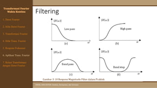 Filtering
SINYAL DAN SISTEM: Analisis, Komputasi, dan Simulasi
Transformasi Fourier
Waktu Kontinu
4. Sifat Trans. Fourier
5. Respons Frekuensi
1. Deret Fourier
2. Sifat Deret Fourier
3. Transformasi Fourier
6. Aplikasi Trans. Fourier
7. Relasi Transformasi
dengan Deret Fourier
 