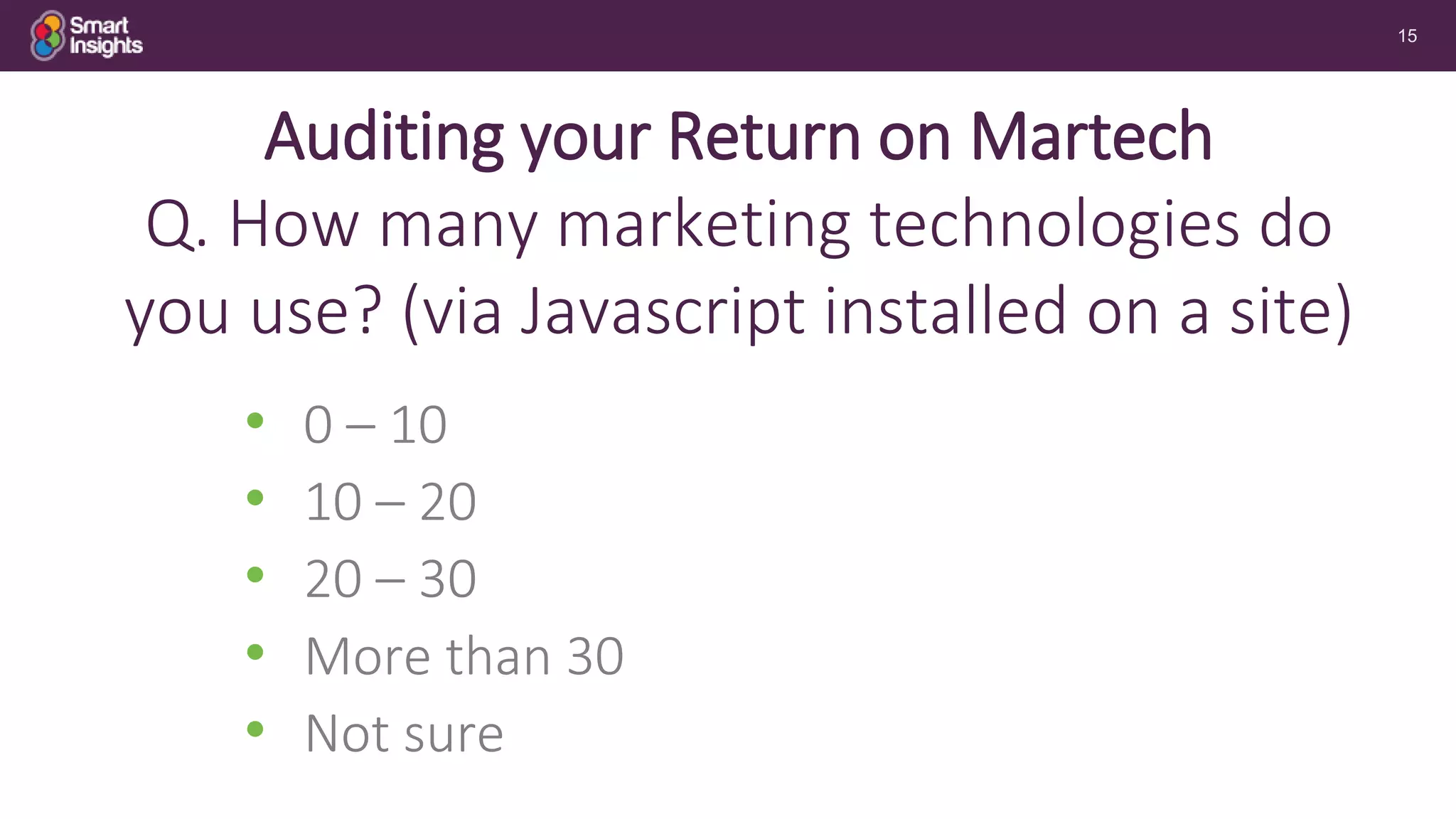 15
Auditing your Return on Martech
Q. How many marketing technologies do
you use? (via Javascript installed on a site)
• 0 – 10
• 10 – 20
• 20 – 30
• More than 30
• Not sure
 