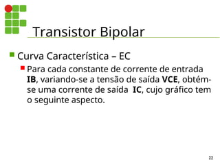 Transistor Bipolar
22
 Curva Característica – EC
 Para cada constante de corrente de entrada
IB, variando-se a tensão de saída VCE, obtém-
se uma corrente de saída IC, cujo gráfico tem
o seguinte aspecto.
 